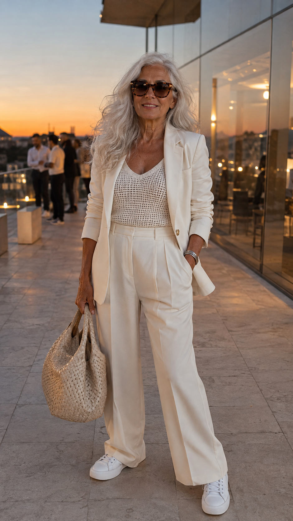 donna 70 anni con completo avorio blazer e pantaloni palazzo su terrazza al tramonto