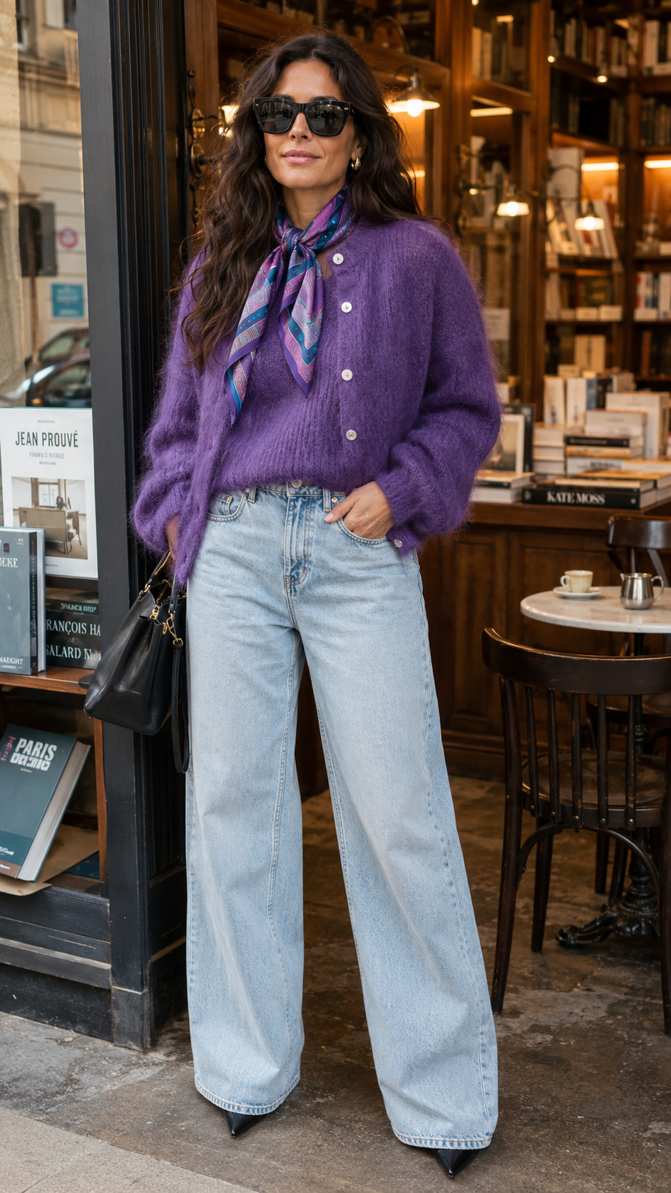 Outfit invernale donna 40 anni con cardigan viola mohair e jeans larghi chiari