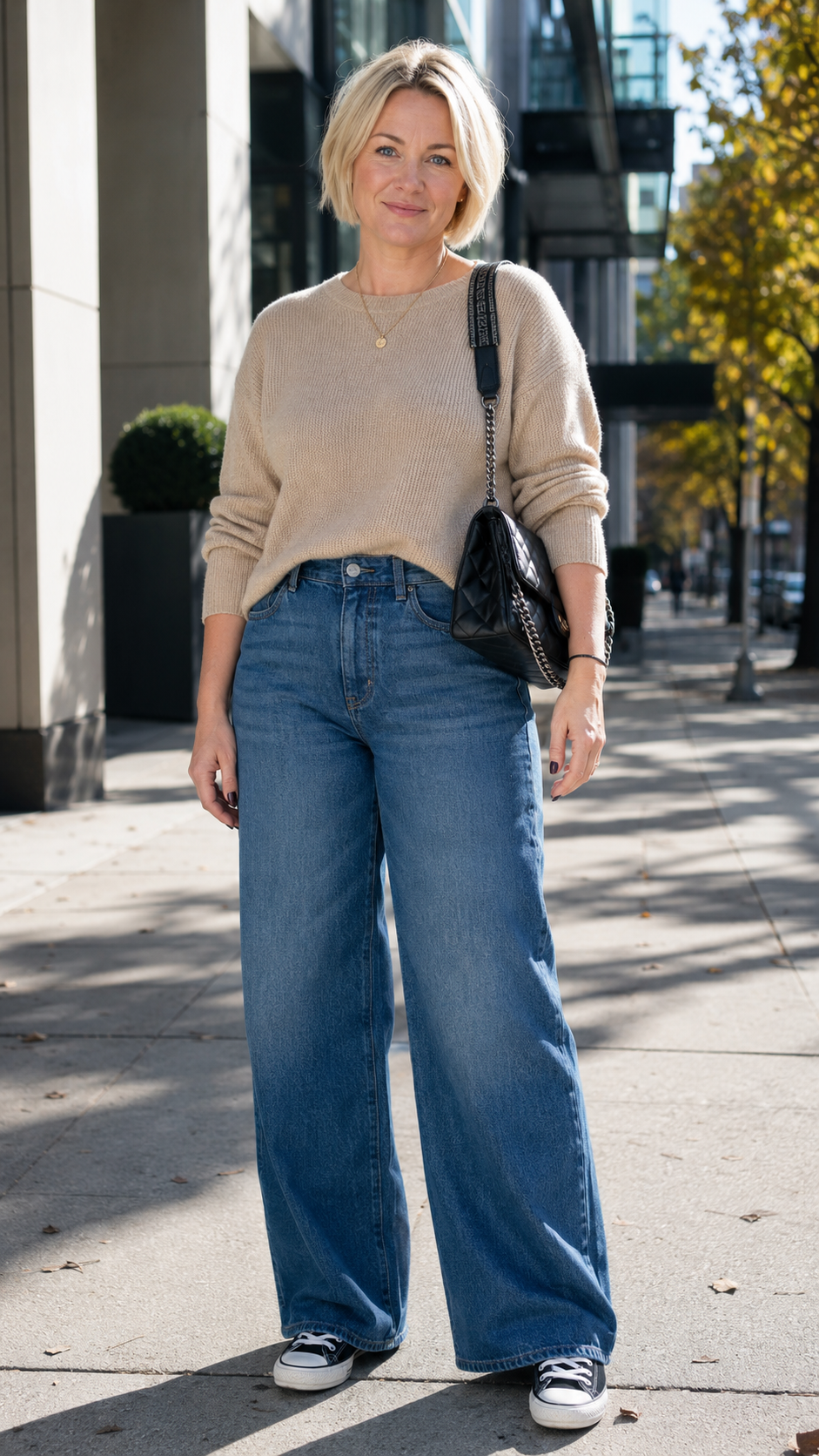 Donna 40 anni con outfit casual jeans palazzo larghi e maglione beige con sneakers nere