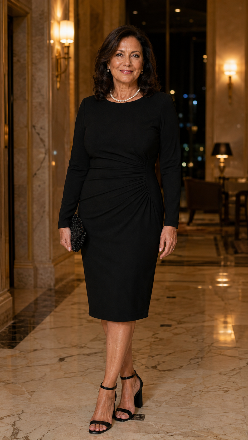 donna over 50 con tubino nero elegante a maniche lunghe con drappeggio laterale in hall di hotel lussuoso