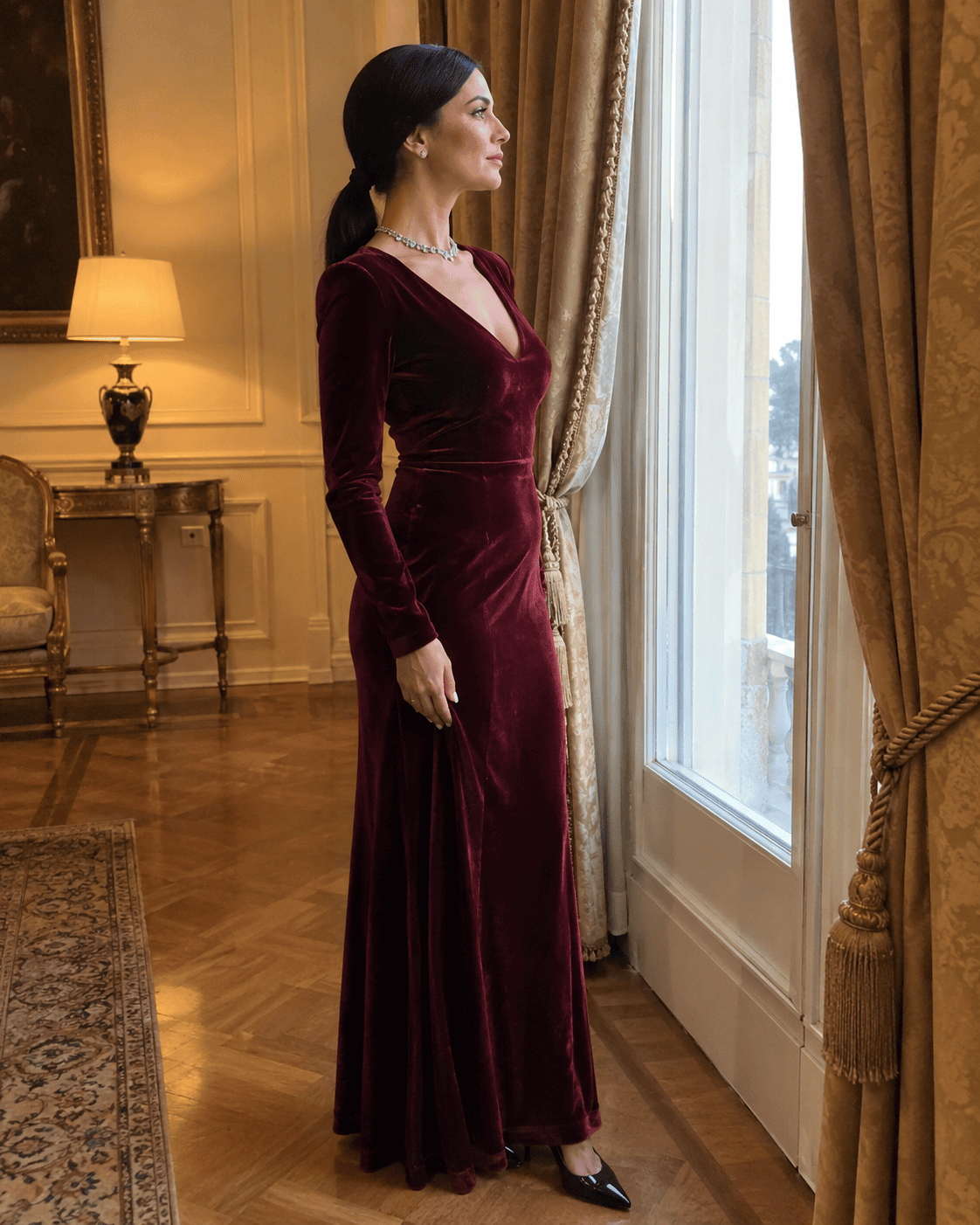 Donna di profilo in abito lungo in velluto bordeaux a manica lunga con scollo a V, girocollo di cristalli e décolleté nere in un salone elegante vicino a una finestra