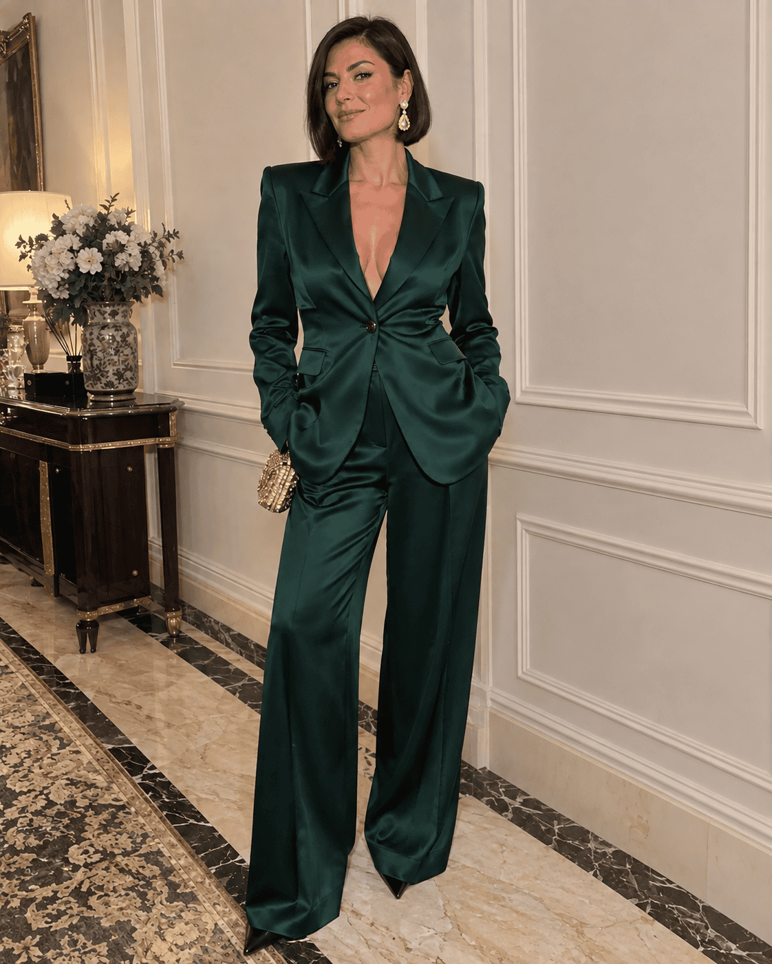 Donna in completo palazzo in raso verde bottiglia con giacca strutturata, orecchini a goccia dorati e clutch gioiello in un salone elegante per una cena di gala
