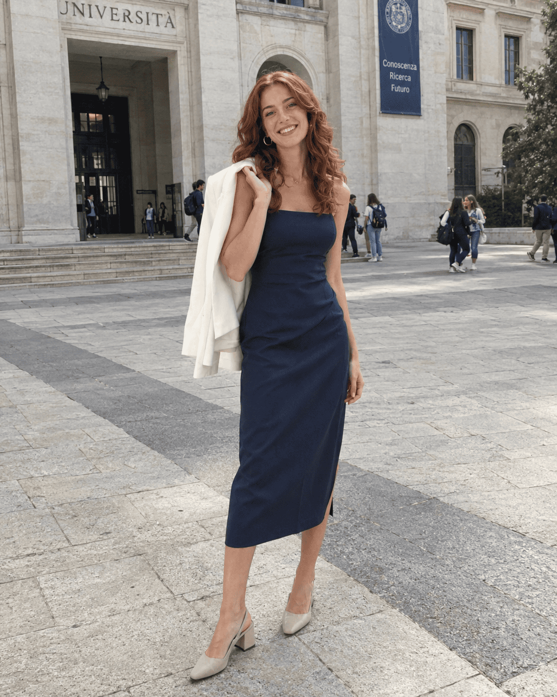 Laureanda con abito midi blu navy, blazer bianco sulla spalla, slingback beige con tacco a blocco e orecchini a cerchio davanti all'università, outfit laurea