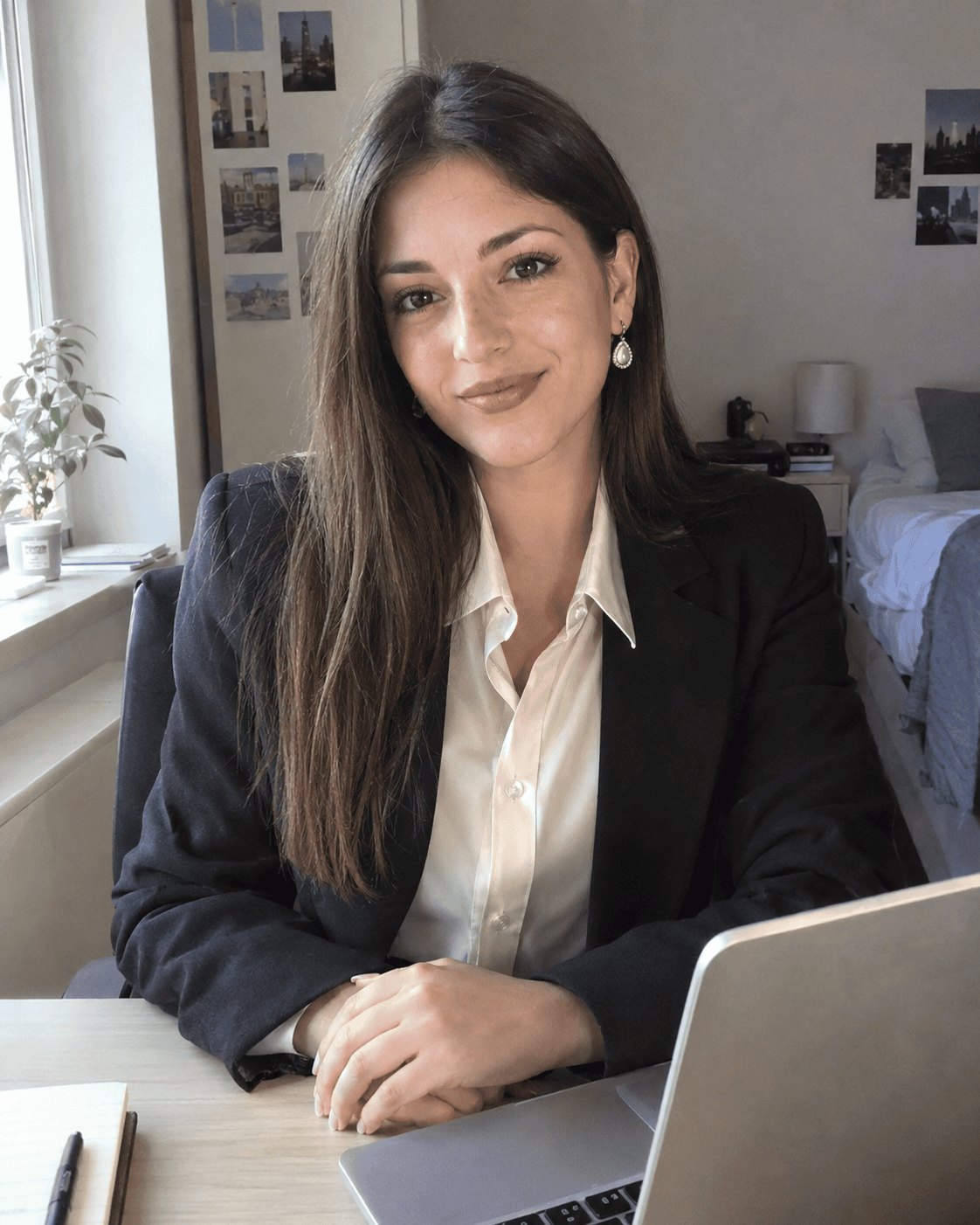 Laureanda alla scrivania davanti al laptop con camicia color crema, blazer nero e orecchini a goccia con perla, outfit per la laurea online