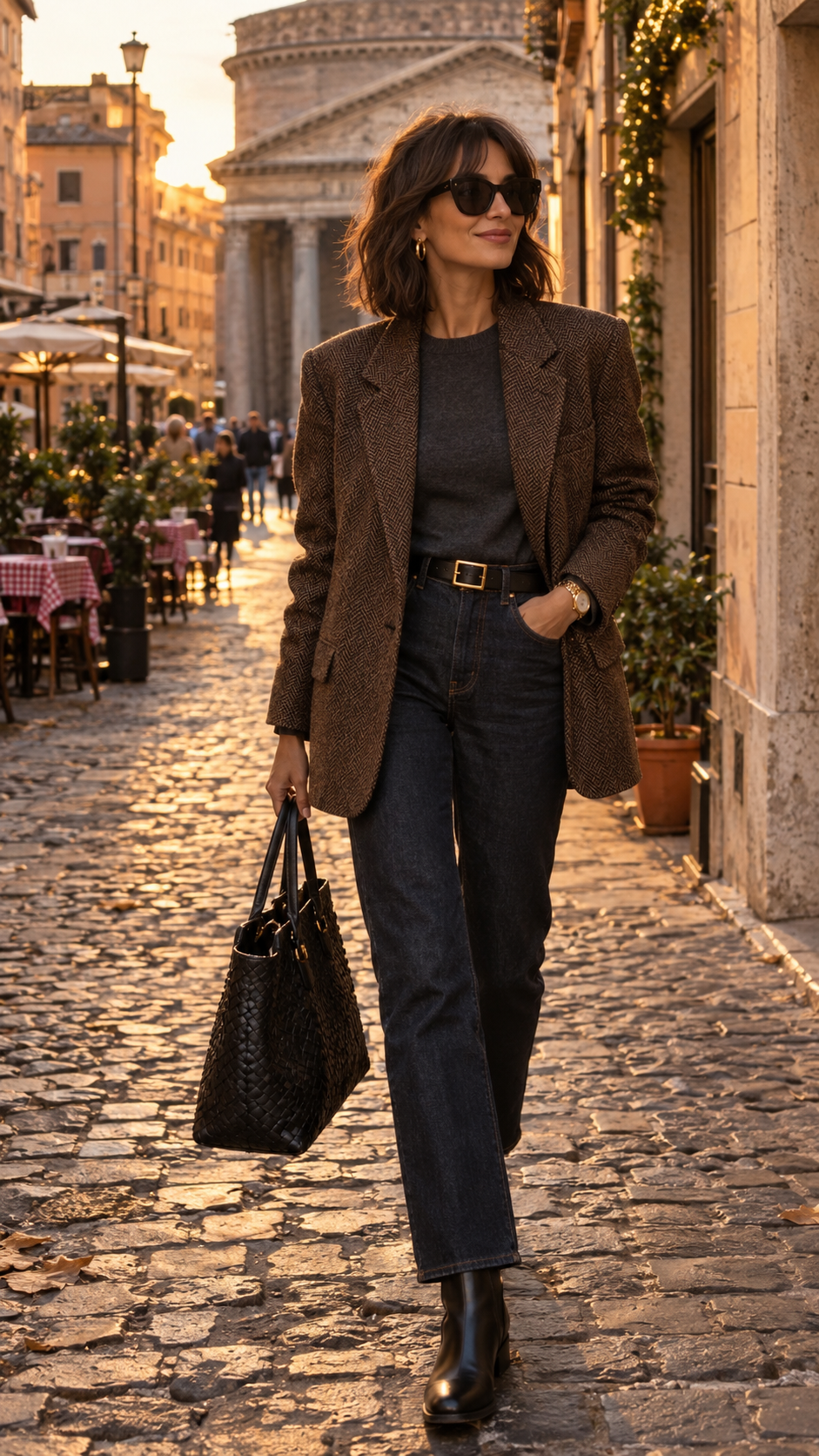 donna con outfit autunnale chic e comodo, blazer oversize spigato marrone, maglia grigia, jeans scuri dritti e stivaletti neri