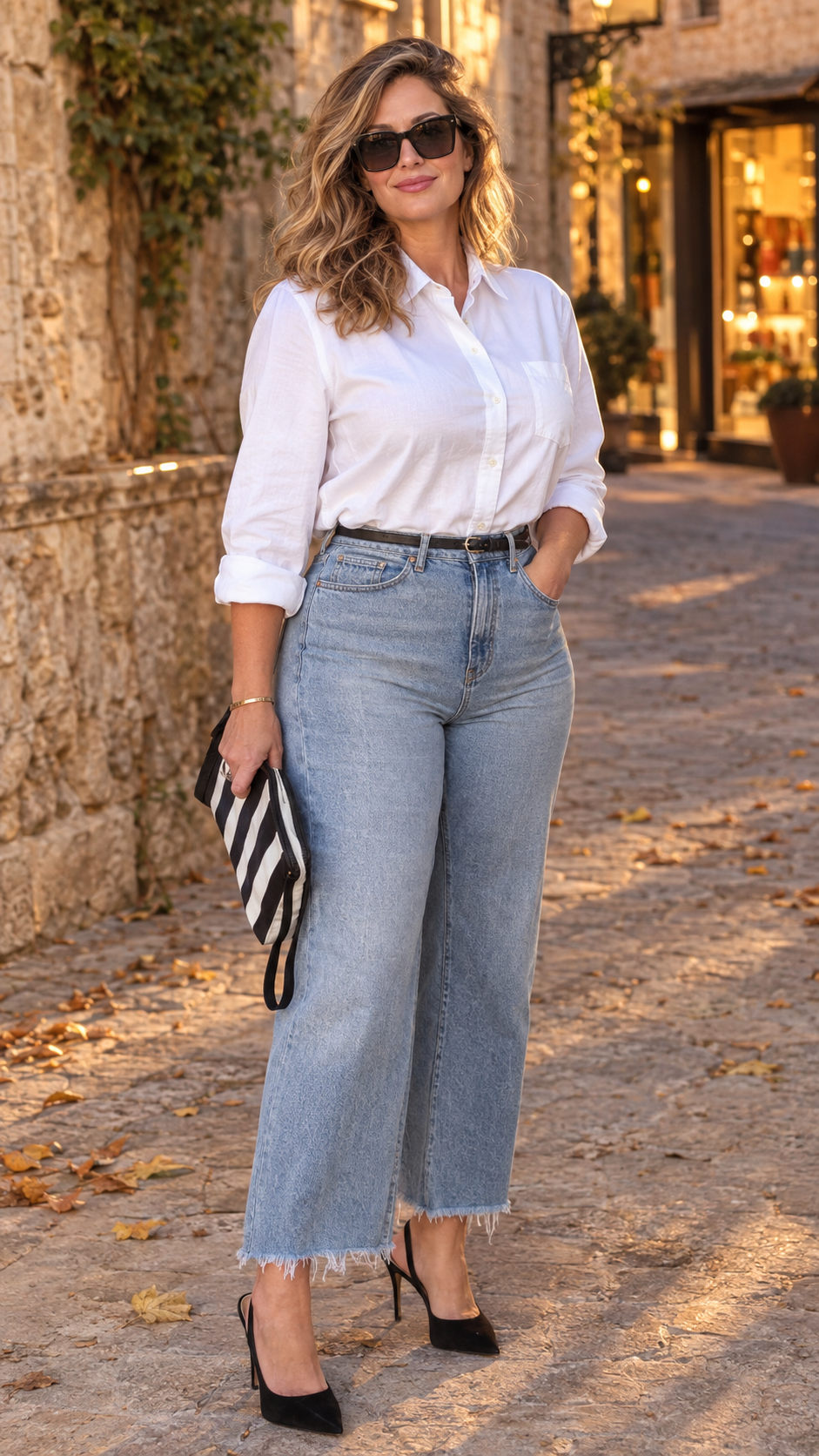donna con outfit autunnale chic e comodo, camicia bianca, jeans chiari cropped, slingback nere e pochette a righe