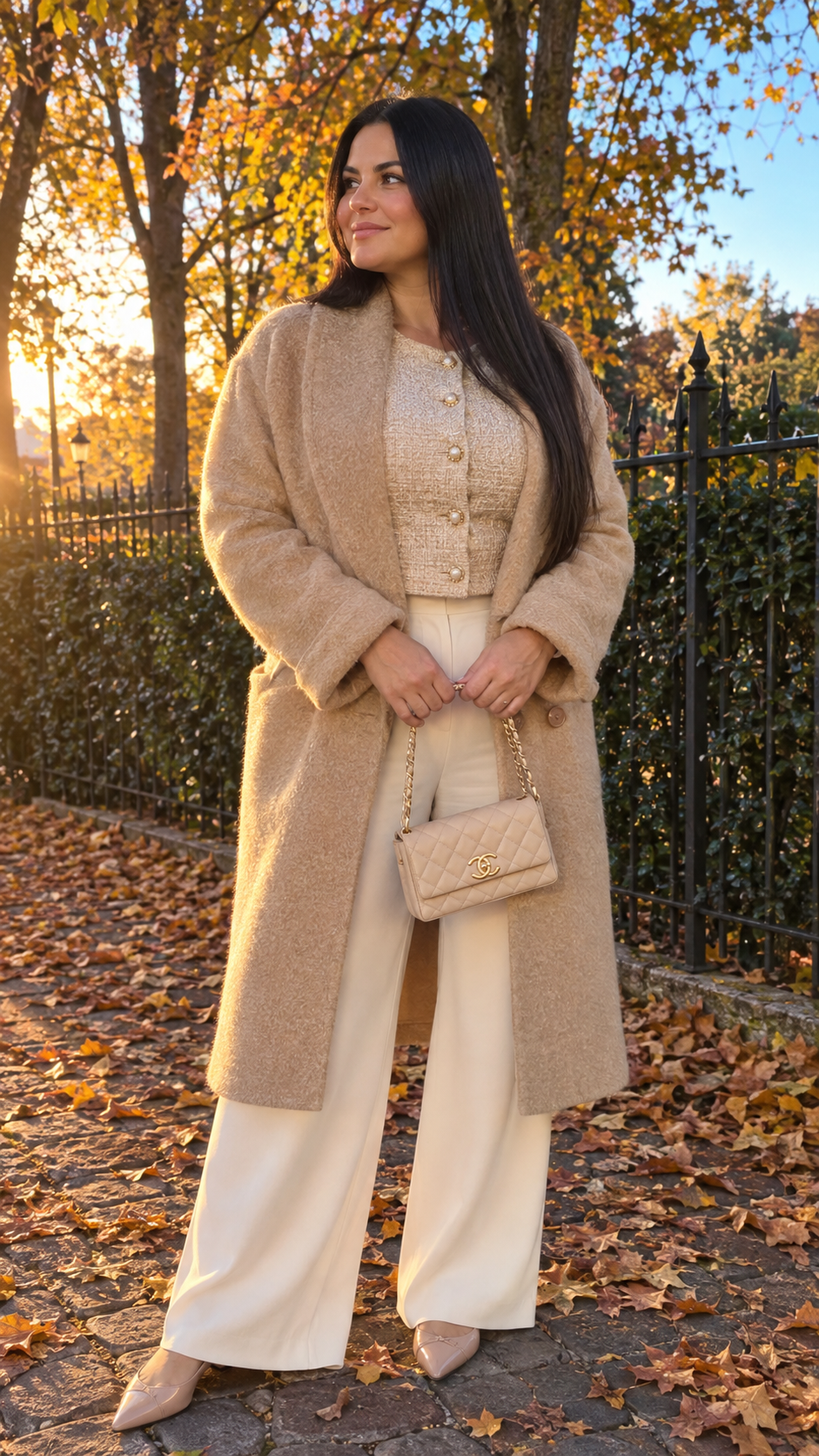 donna con outfit autunnale chic e comodo, cappotto cammello, top in tweed con bottoni perla e pantaloni palazzo color crema