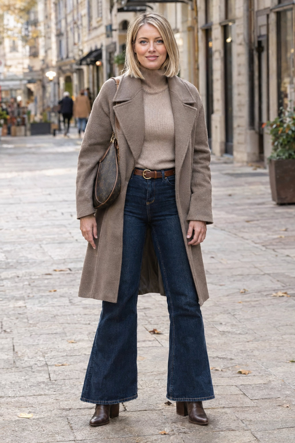 donna con outfit autunnale chic e comodo, cappotto lungo tortora, dolcevita beige, jeans flare blu scuro e stivaletti marroni