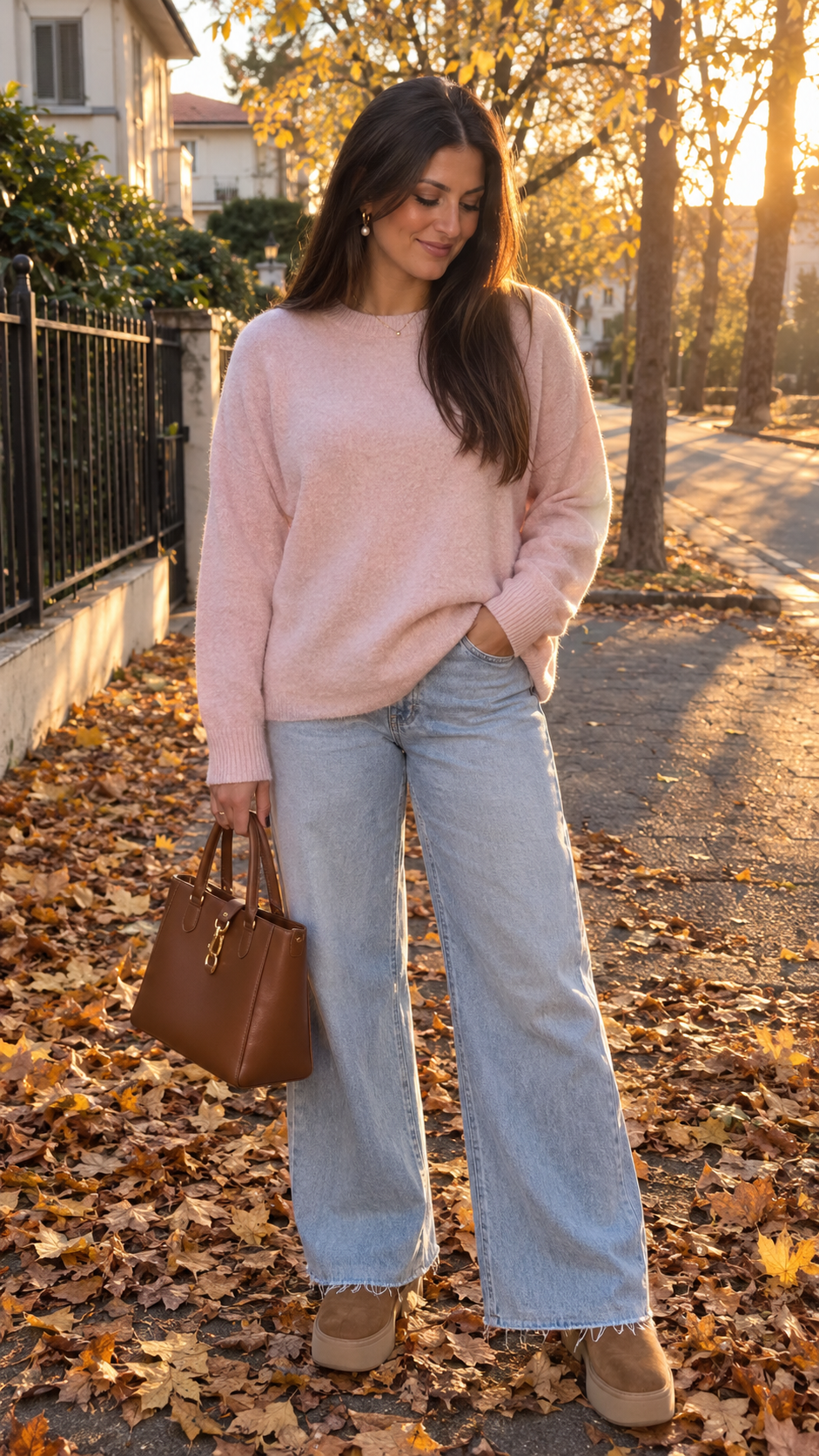 donna con outfit autunnale chic e comodo, maglione oversize rosa cipria, jeans chiari a gamba larga e stivaletti platform in camoscio