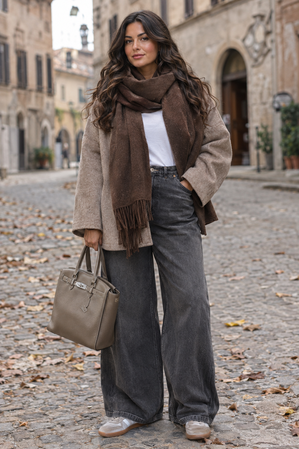 donna con outfit autunnale chic e comodo, sciarpa maxi marrone, giacca in lana beige, t-shirt bianca e jeans grigi a gamba larga con sneakers