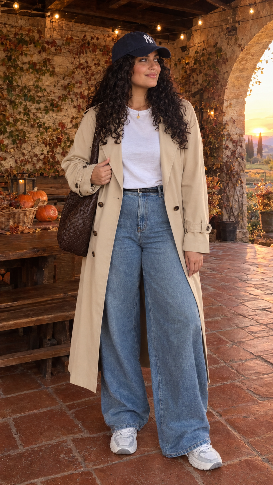 donna con outfit autunnale chic e comodo, trench beige, t-shirt bianca, jeans baggy, sneakers e cappellino da baseball blu